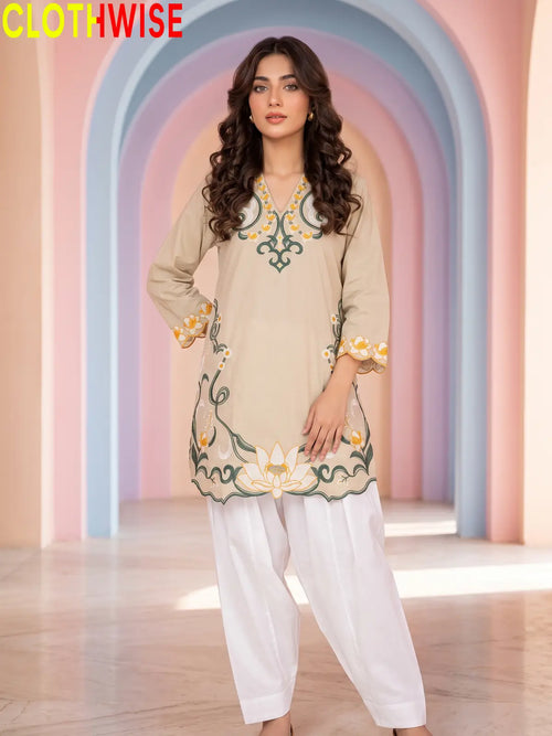 Lotus Embroidered 2 Piece Suit | Cut-Work Kurti with Shalwar for Women