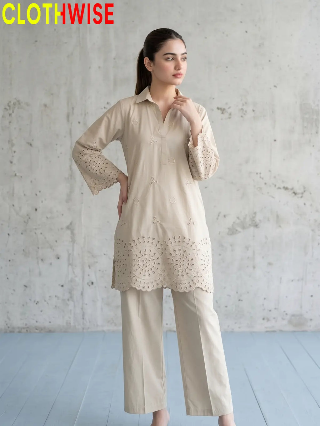 Deluxe – 2 Piece Embroidered Co-ord Set for Women | Collared Kurti with Scalloped Cutwork & Flapper