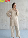 Deluxe – 2 Piece Embroidered Co-ord Set for Women | Collared Kurti with Scalloped Cutwork & Flapper