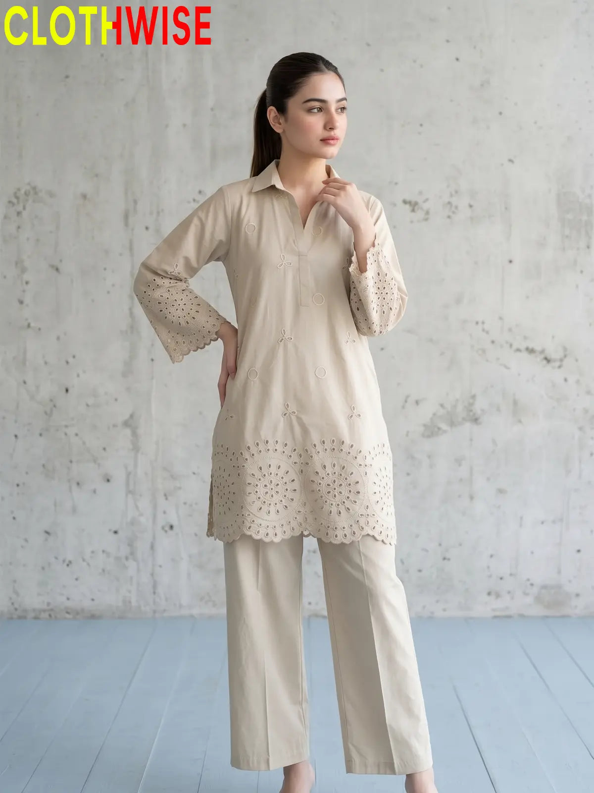 Deluxe – 2 Piece Embroidered Co-ord Set for Women | Collared Kurti with Scalloped Cutwork & Flapper