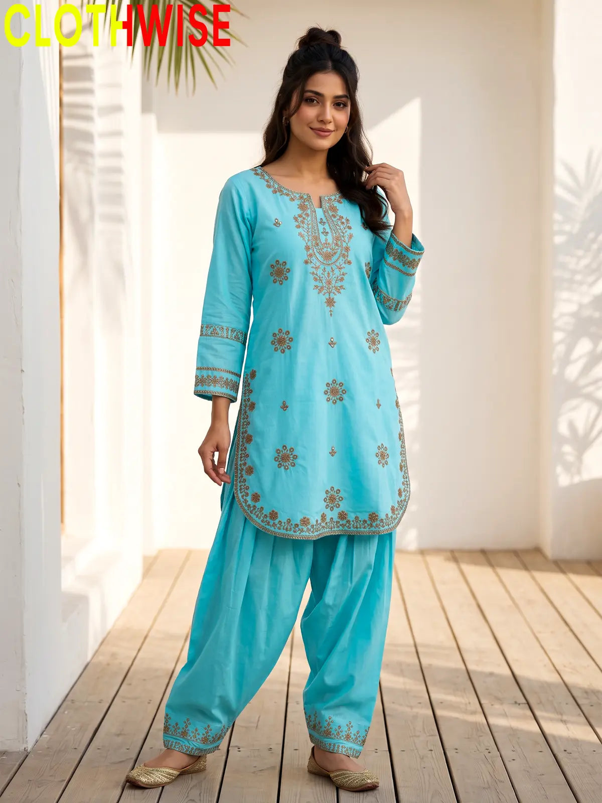 Armaan embroidered 2-piece cotton lawn suit in Sky Blue, front standing view