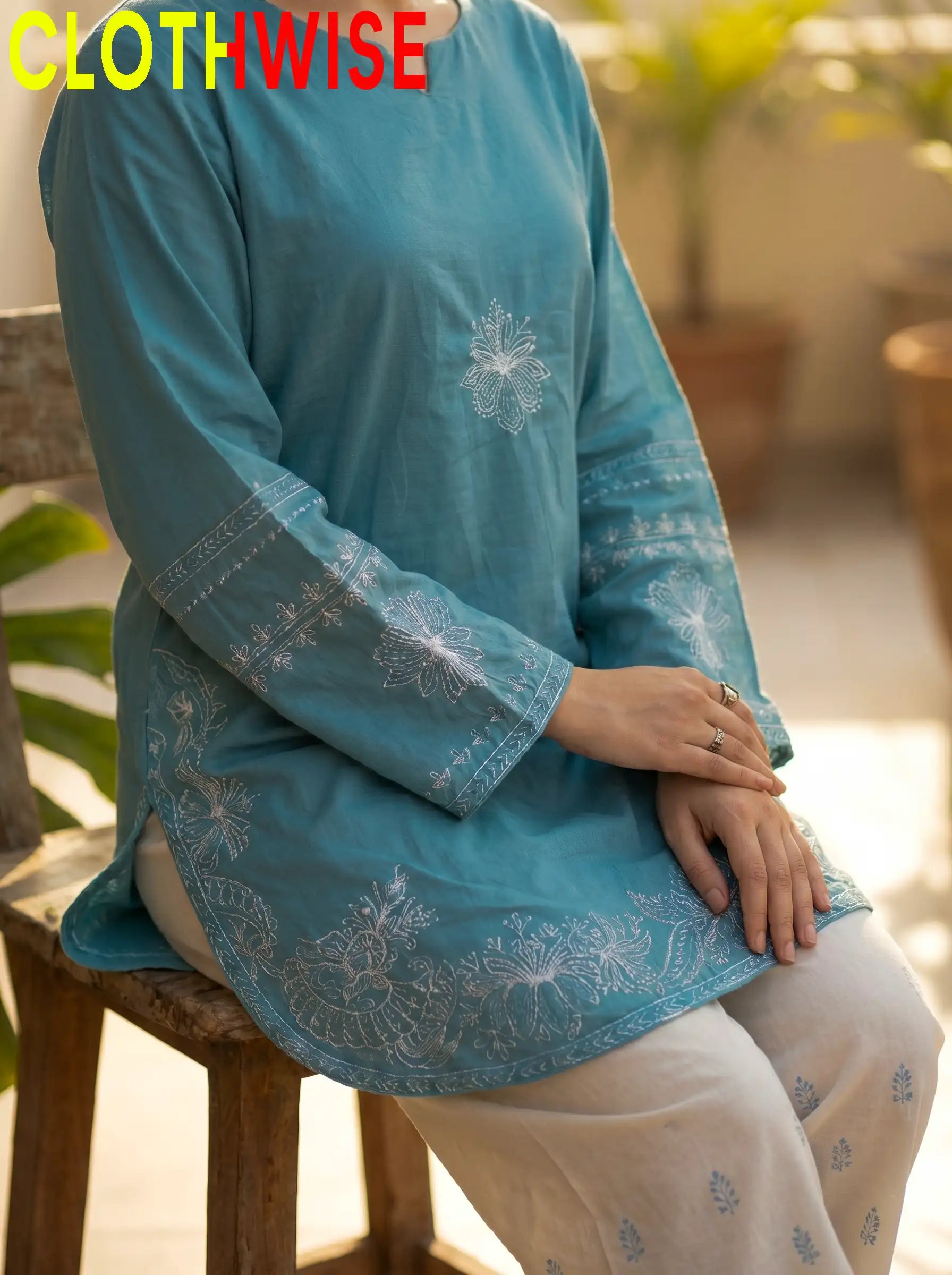 Petal Sky Blue Cotton Stitched 2-Piece Suit Closeup Detail – Bottom Flapper | Clothwise