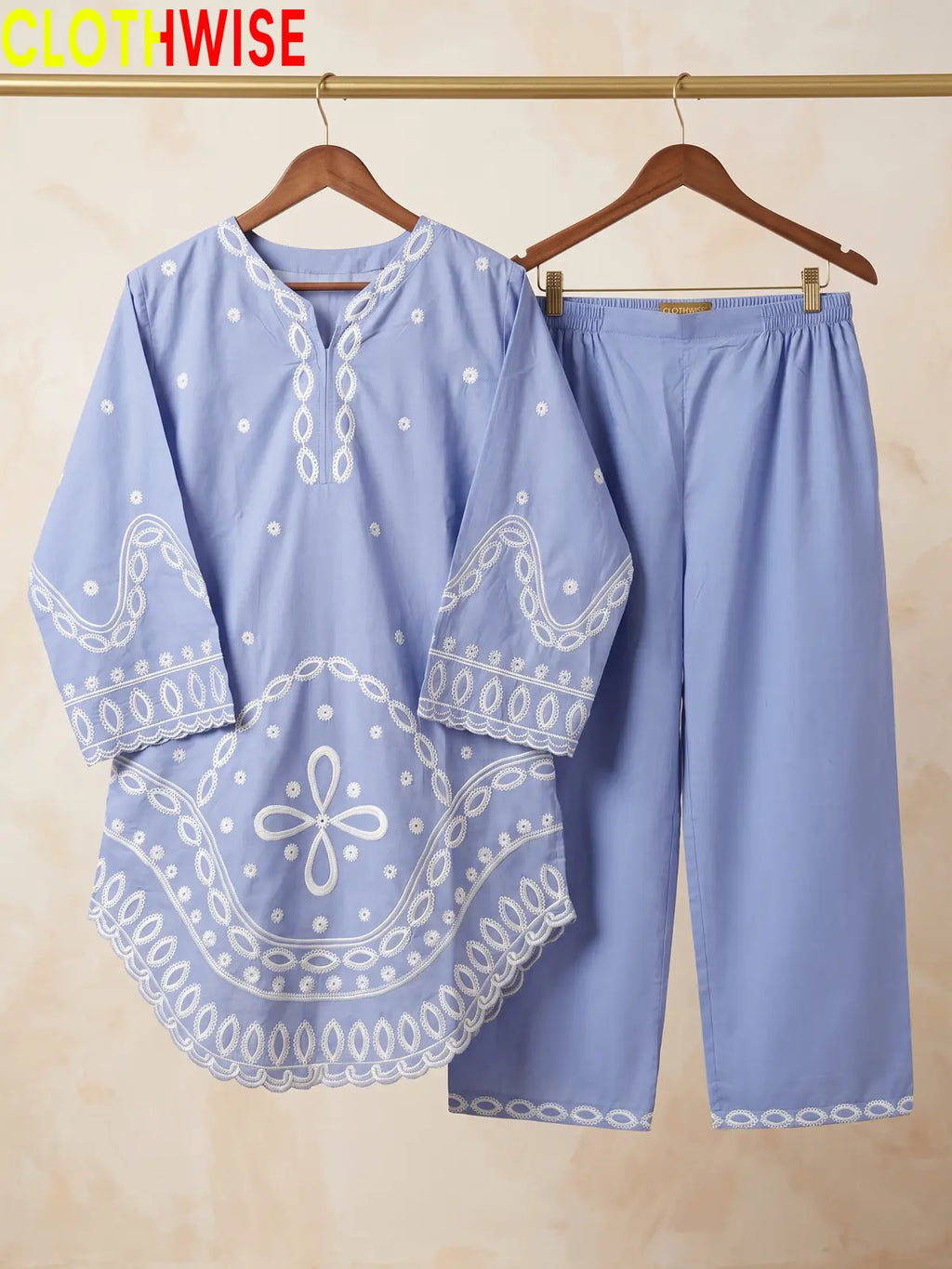 Aarzo embroidered lawn suit sky blue hanger view
