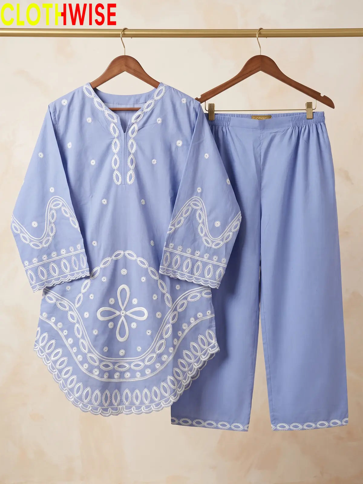Aarzo embroidered lawn suit sky blue hanger view