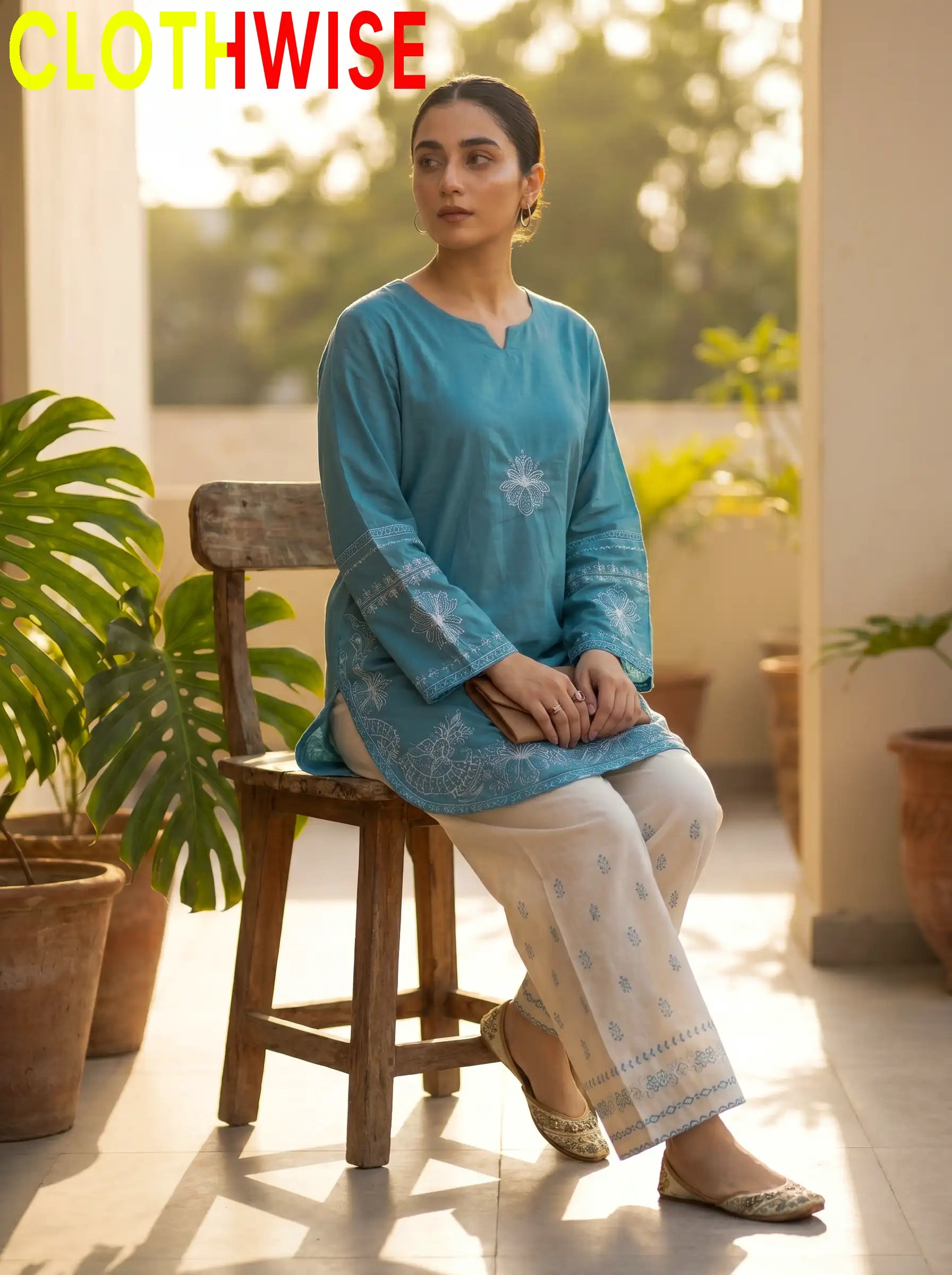 Petal Sky Blue Cotton Stitched 2-Piece Suit Sitting View – Bottom Flapper | Clothwise