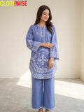 Aarzo embroidered lawn suit sky blue front standing view