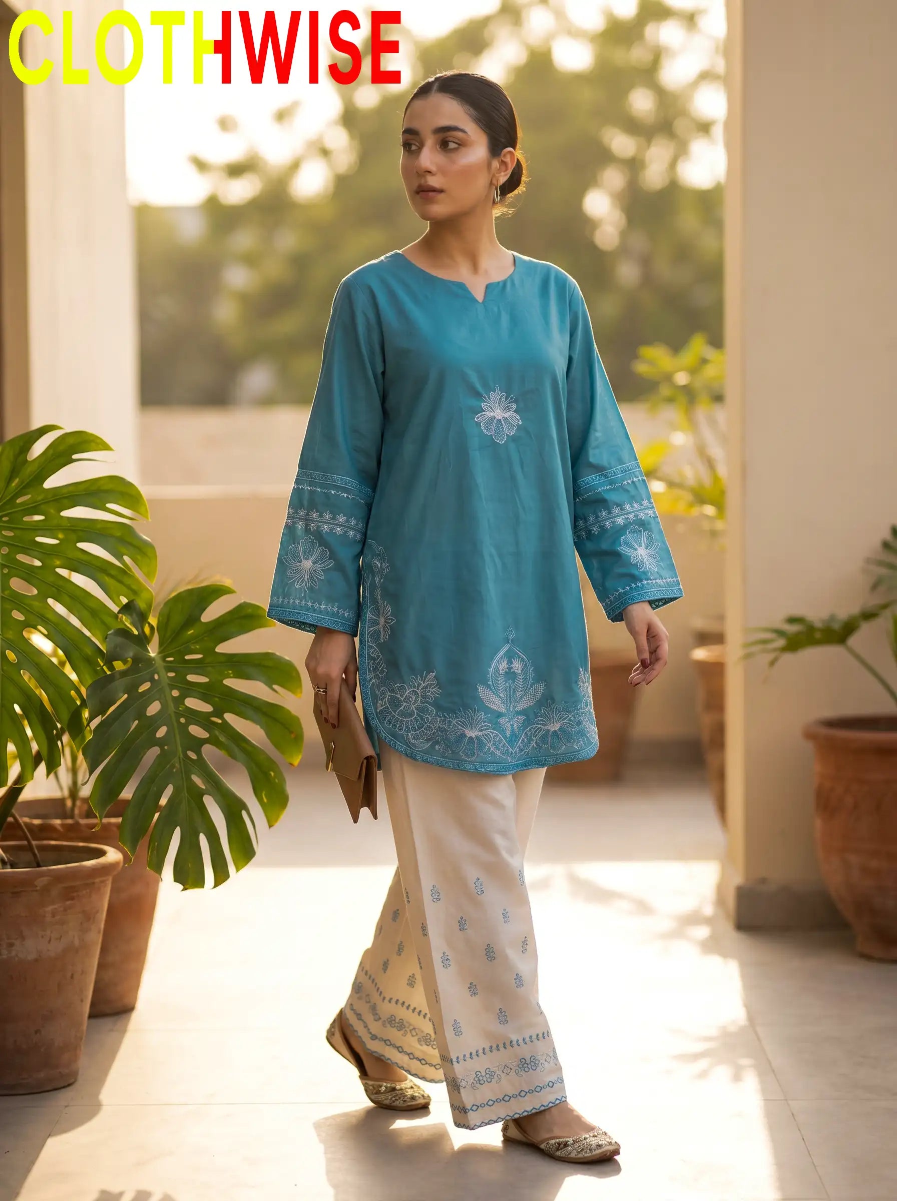 Petal Sky Blue Cotton Stitched 2-Piece Suit Standing View – Bottom Flapper | Clothwise