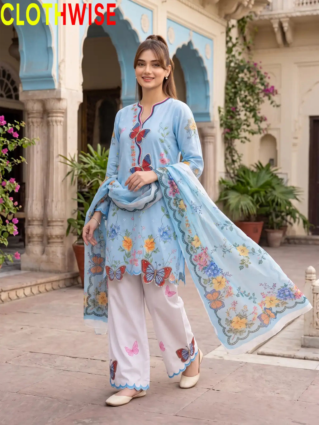 Titli - Floral Poly Lawn 2Pc Suit with Butterfly