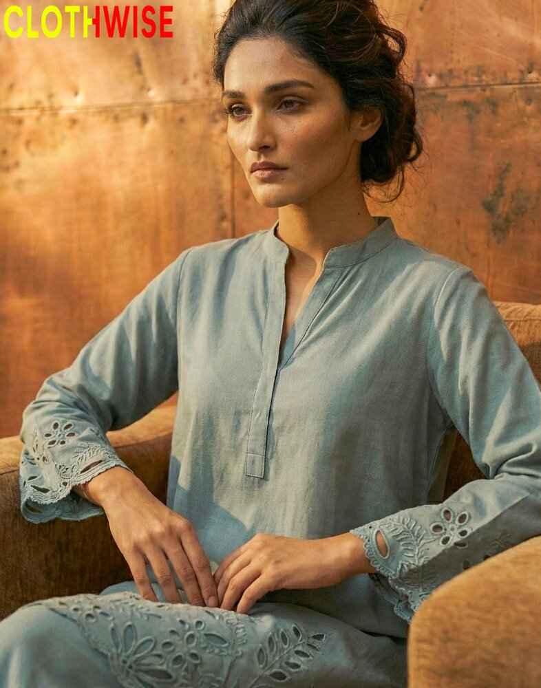 Flora Reign Dusty Blue | Dusty Blue Schiffli Embroidered Co-ord Set with Flapper trouser