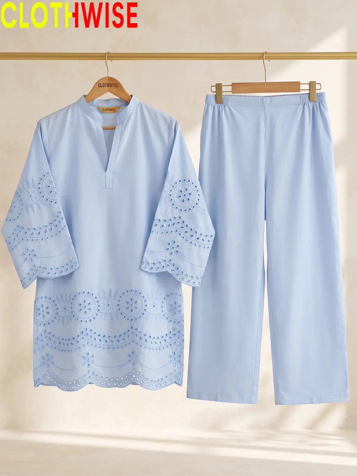 CottonCut Schiffli Embroidered Cotton 2-Piece Suit | Eyelet Kurta with Flapper