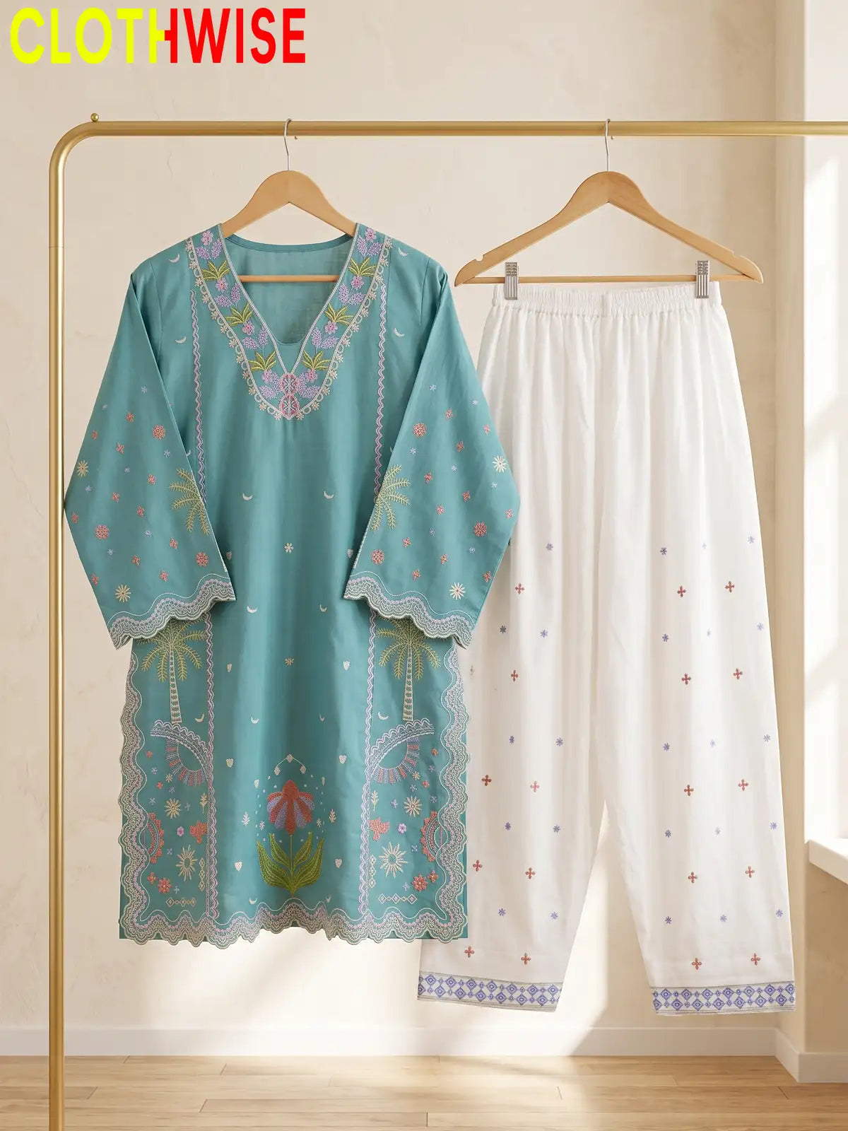 Rukhsar Floral Embroidered V-Neck Kurti with Shalwar | Clothwise