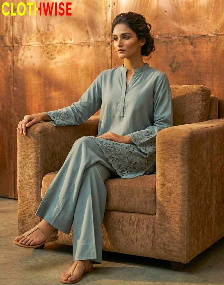 Flora Reign Dusty Blue | Dusty Blue Schiffli Embroidered Co-ord Set with Flapper trouser