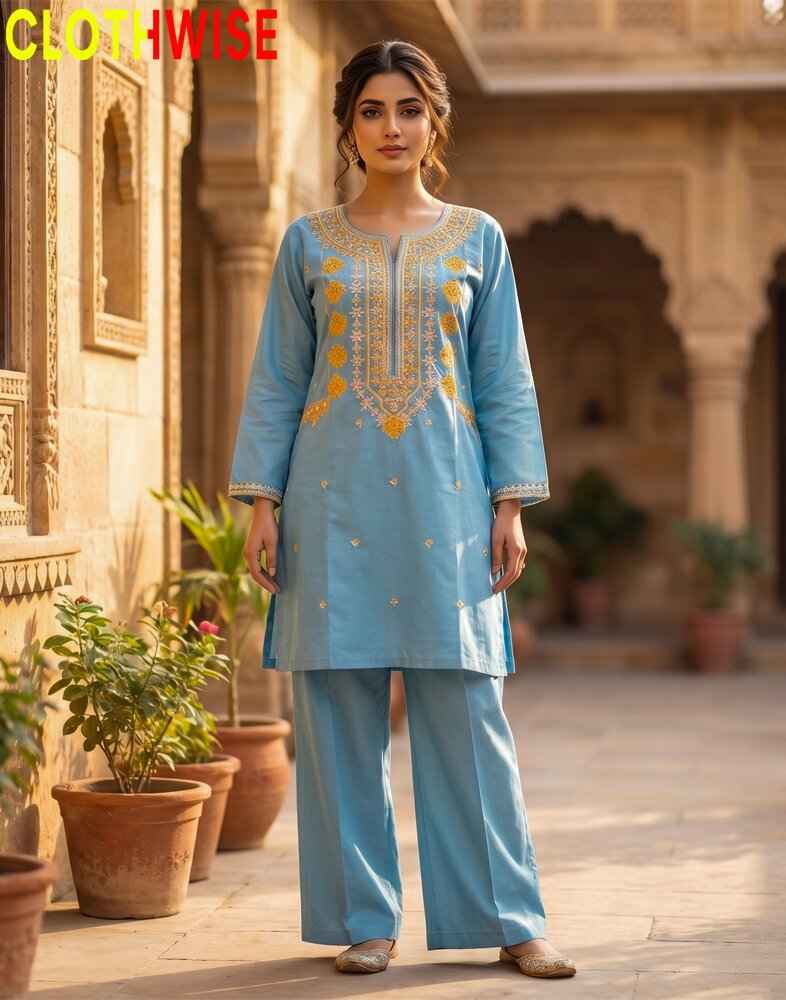 Woman wearing a light blue embroidered outfit standing in front of an architectural background.