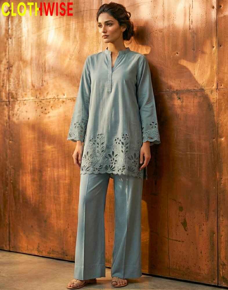 Flora Reign Dusty Blue | Dusty Blue Schiffli Embroidered Co-ord Set with Flapper trouser