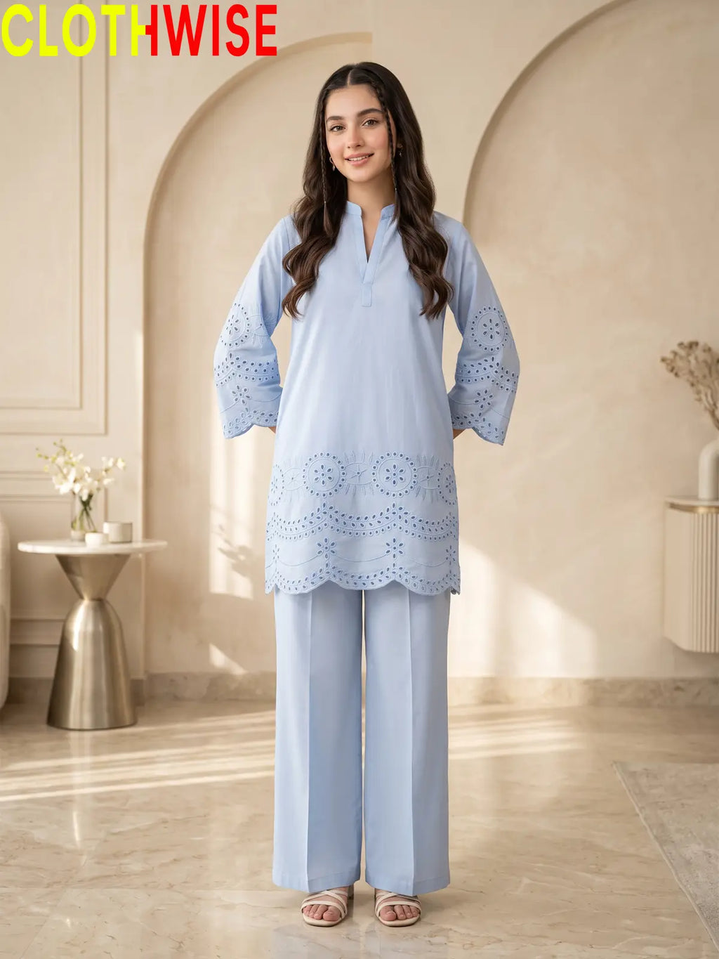 CottonCut Schiffli Embroidered Cotton 2-Piece Suit | Eyelet Kurta with Flapper