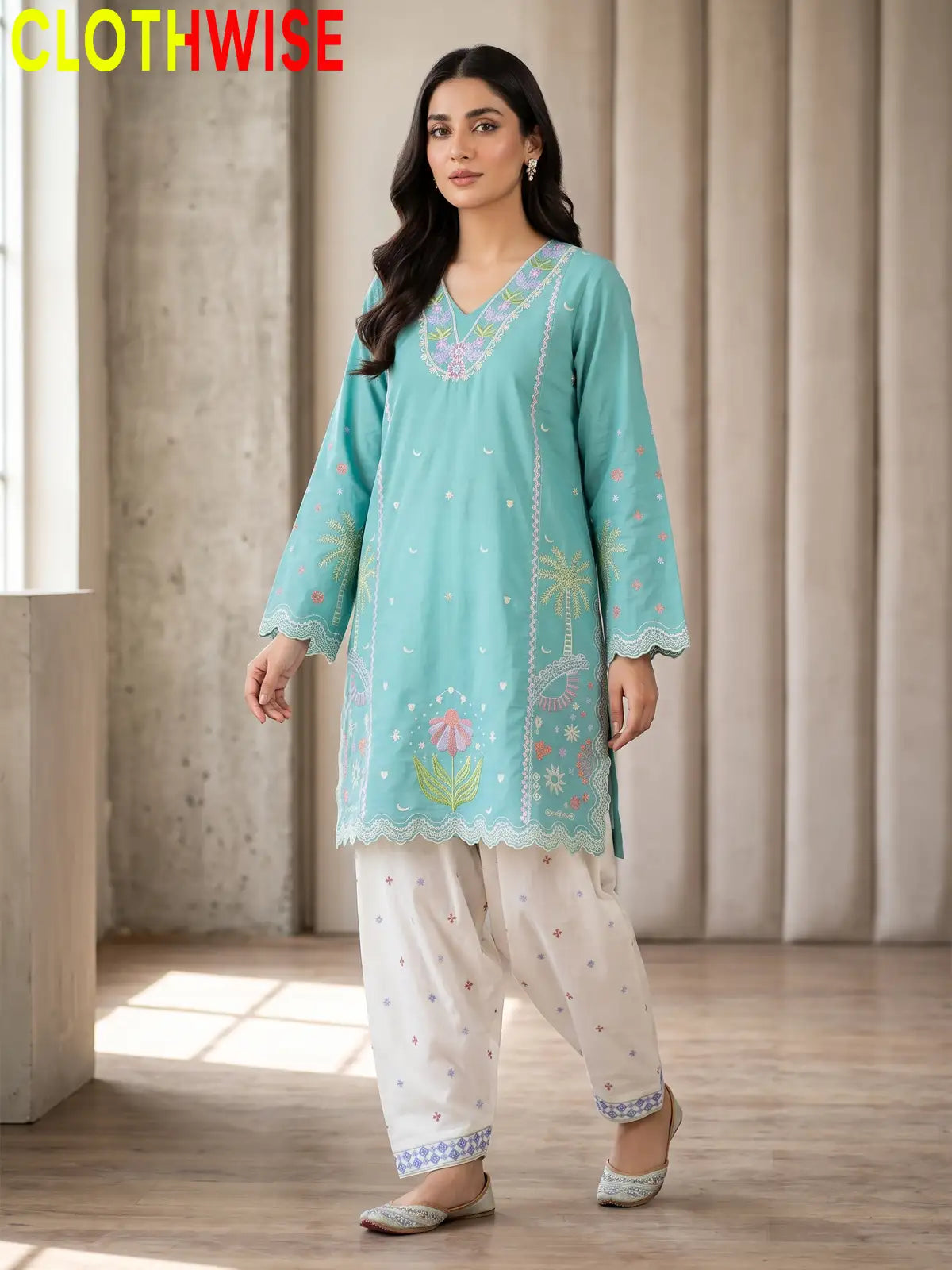 Rukhsar Floral Embroidered V-Neck Kurti with Shalwar | Clothwise
