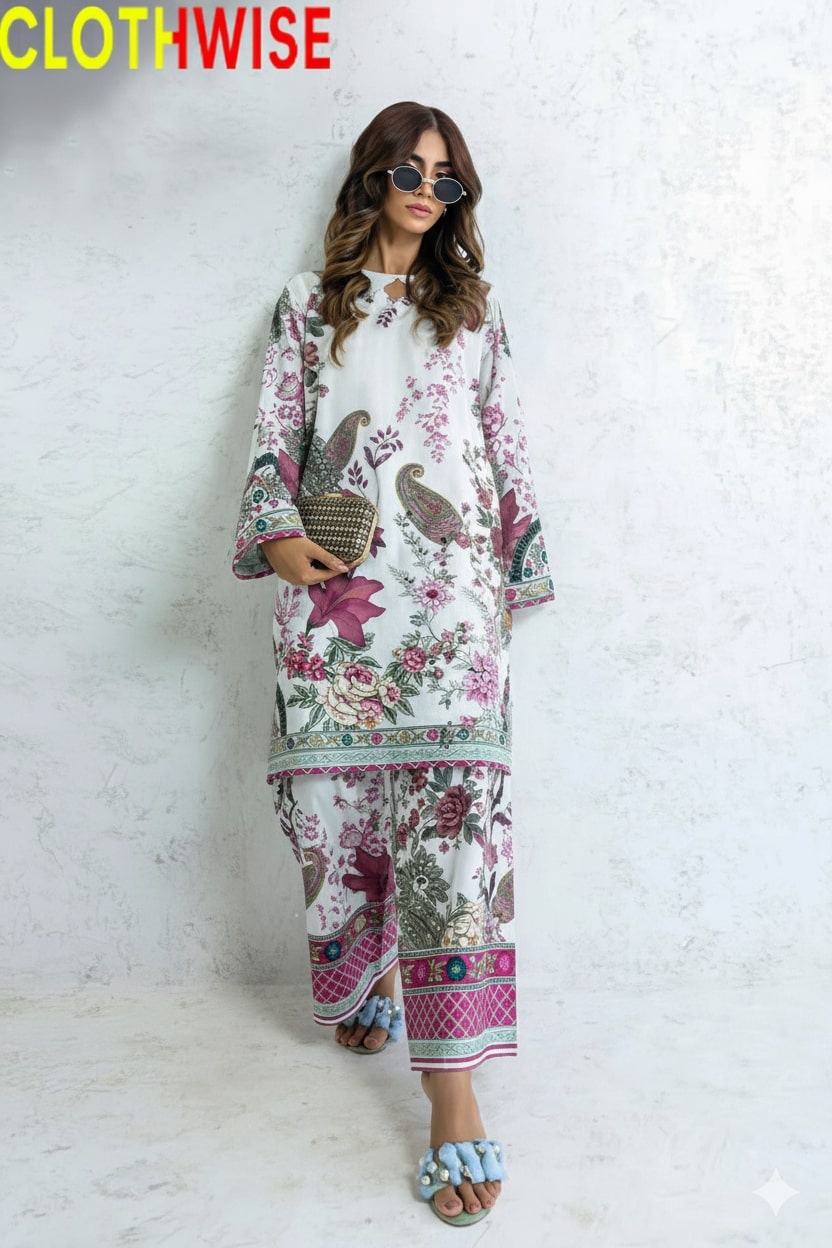 Woman wearing a floral outfit with 'CLOTHWISE' branding on a white background