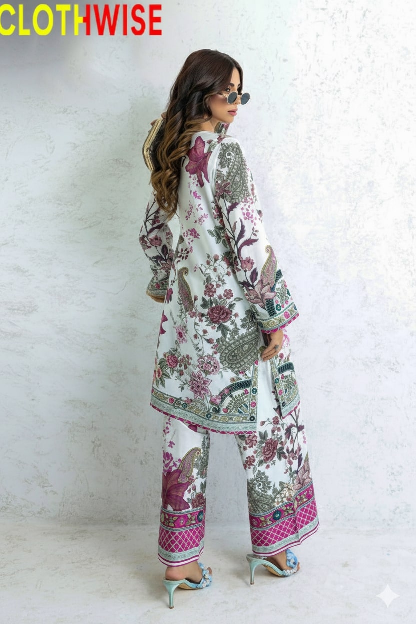 Woman wearing a floral outfit with 'Clothwise' branding on a white background