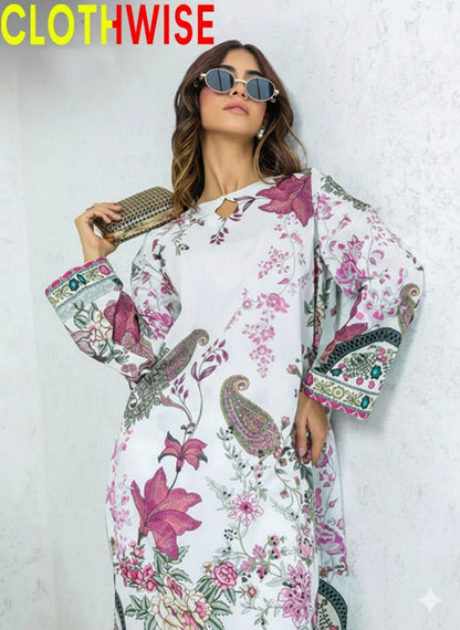 Woman wearing a floral dress with 'CLOTHWISE' branding on a white background