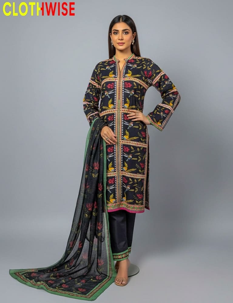 women wearing 3-pcs digital printed slub lawn suit by clothwise
