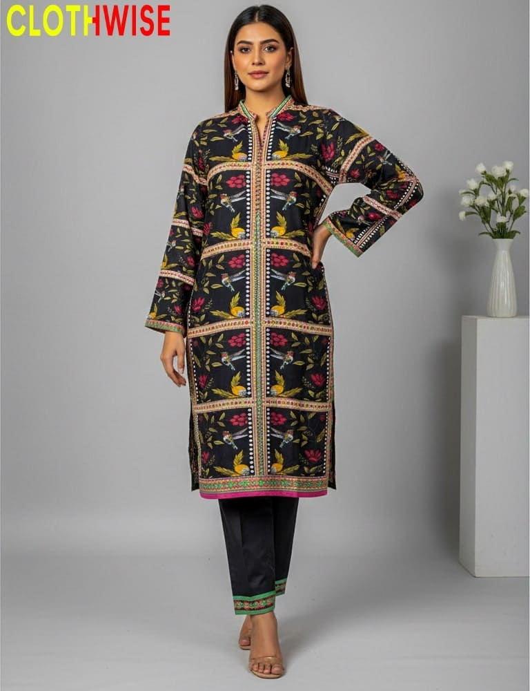 Woman wearing a patterned black kurta with embroidery, standing against a gray background with 'CLOTHWISE' branding.