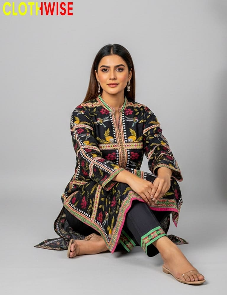 Woman wearing a traditional outfit with intricate patterns on a gray background, branded 'CLOTHWISE'.