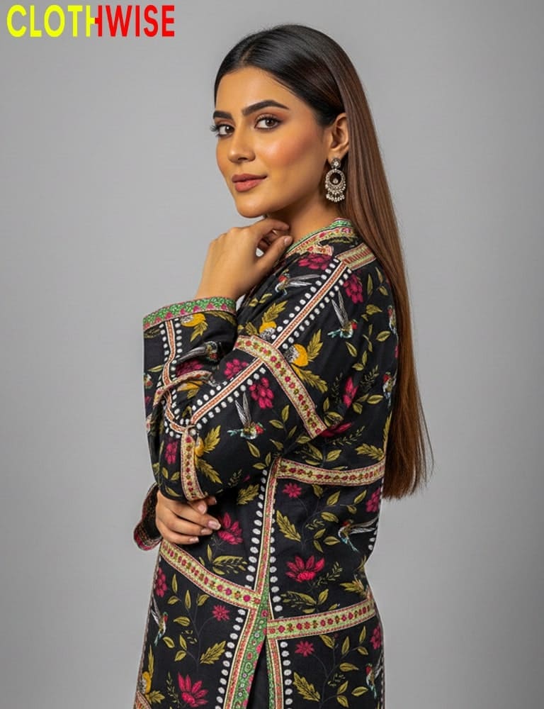 Woman wearing a patterned outfit with 'CLOTHWISE' branding on a gray background