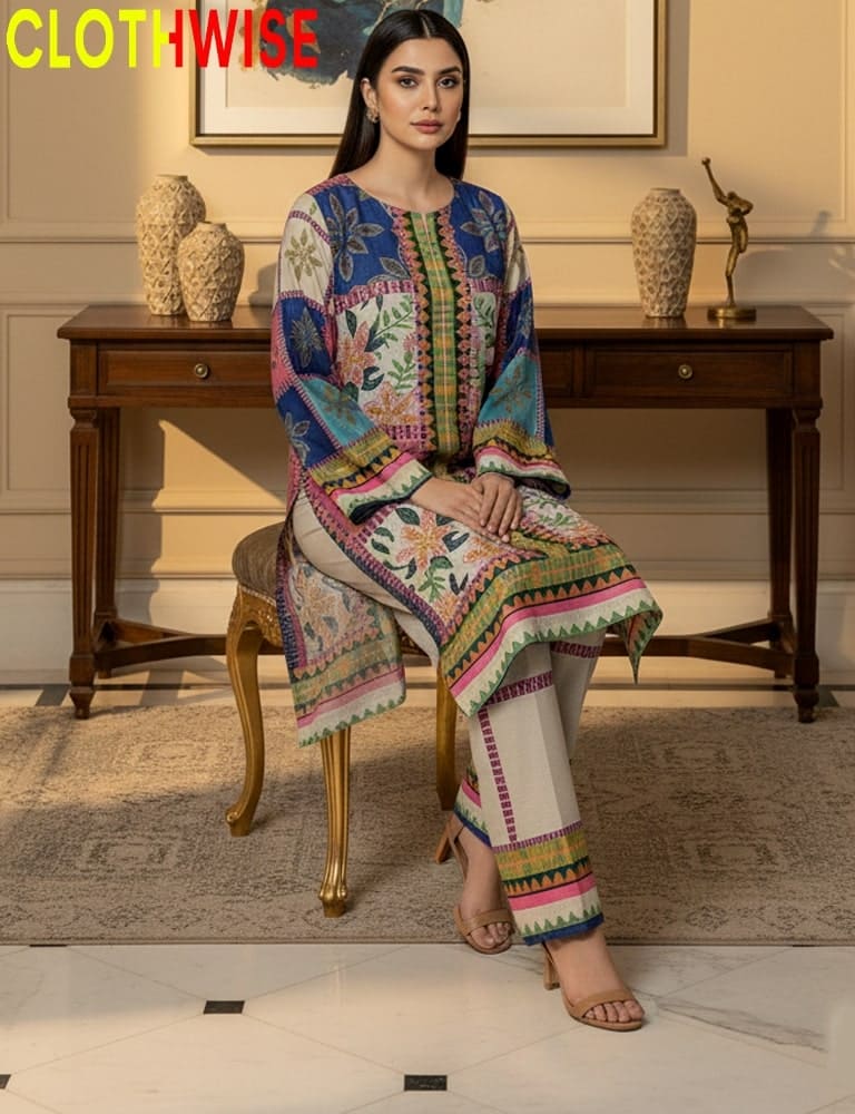 Woman sitting on a chair wearing a colorful traditional outfit with 'CLOTHWISE' branding.