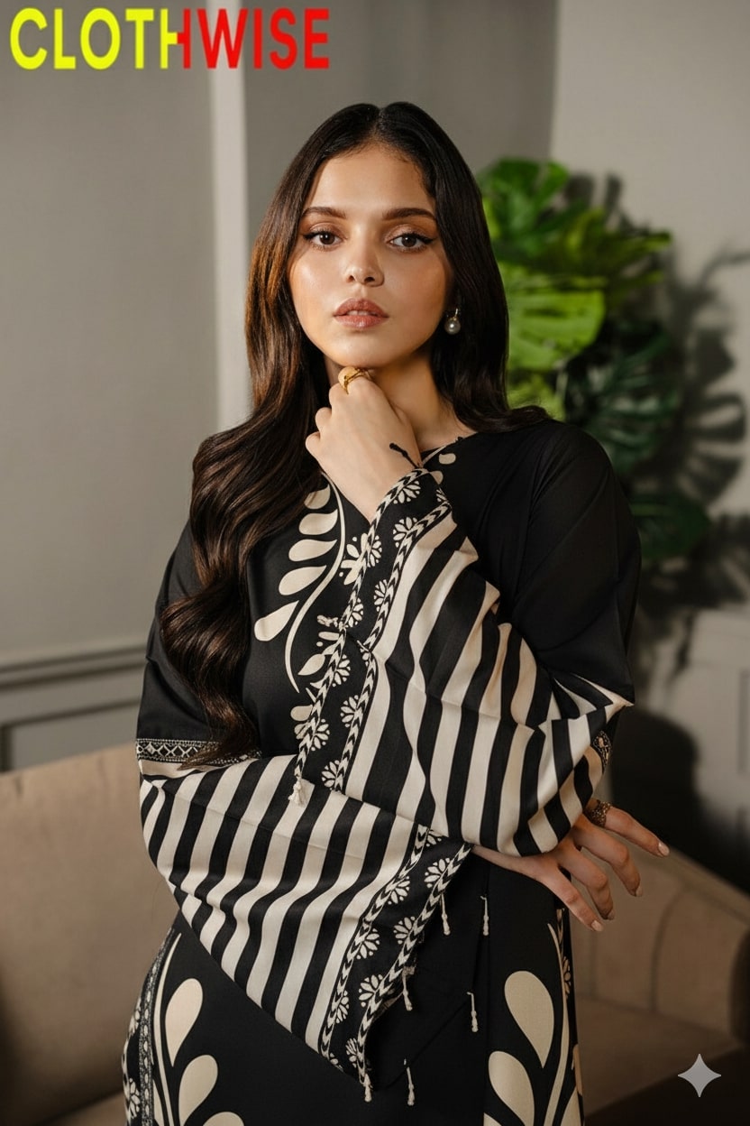 Woman wearing a black and white patterned outfit with 'CLOTHWISE' branding.