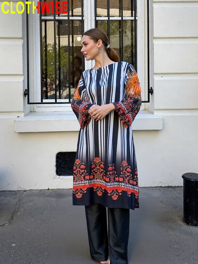Woman wearing a patterned dress with a brand name 'Clothwise' displayed.