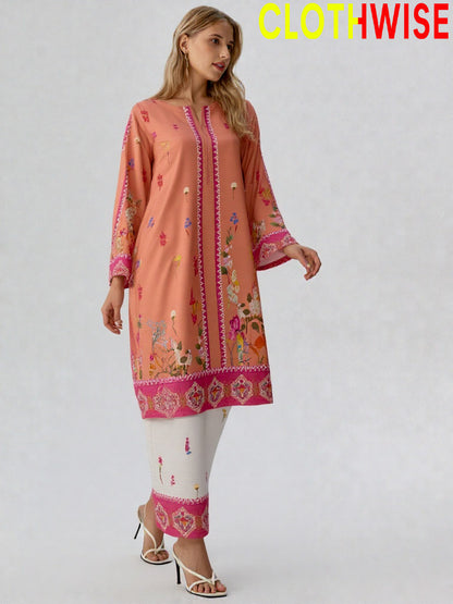 Woman wearing a peach-colored embroidered dress with white leggings on a gray background, branded 'ClothWise'.