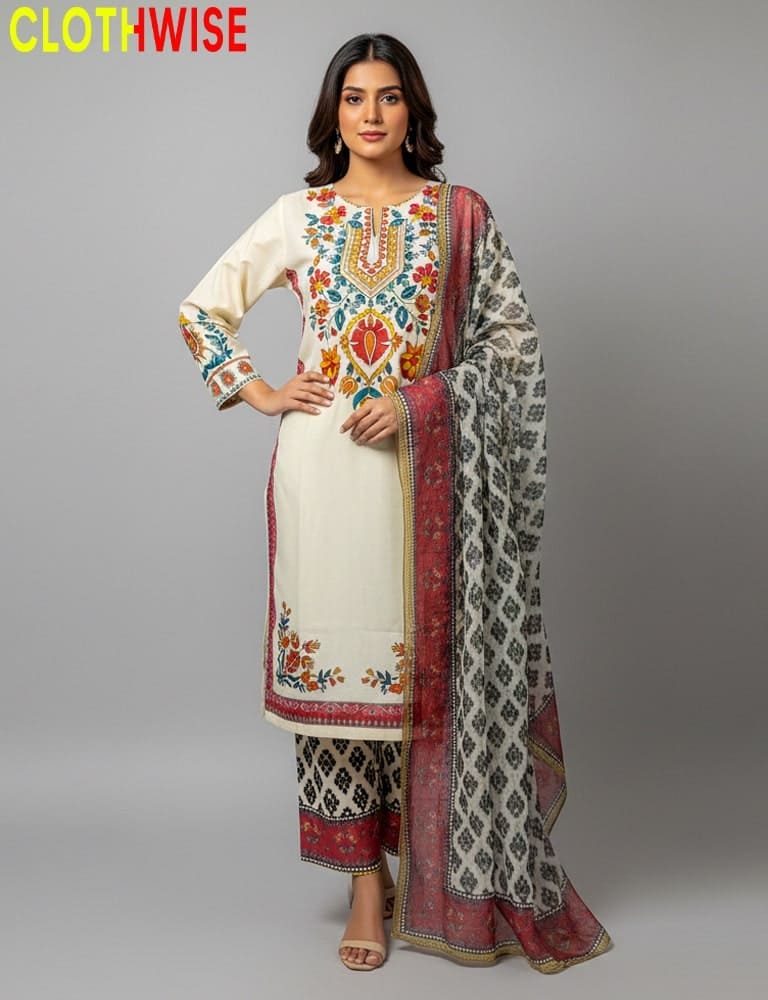 Woman wearing a traditional outfit with embroidery and a dupatta, branded 'CLOTHWISE'.
