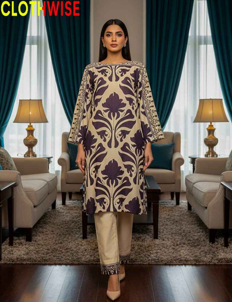 Woman in a patterned outfit standing in a living room with 'CLOTHWISE' branding.