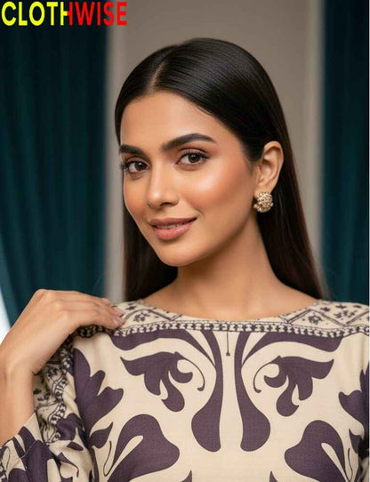 Woman wearing a patterned dress with 'CLOTHWISE' branding.