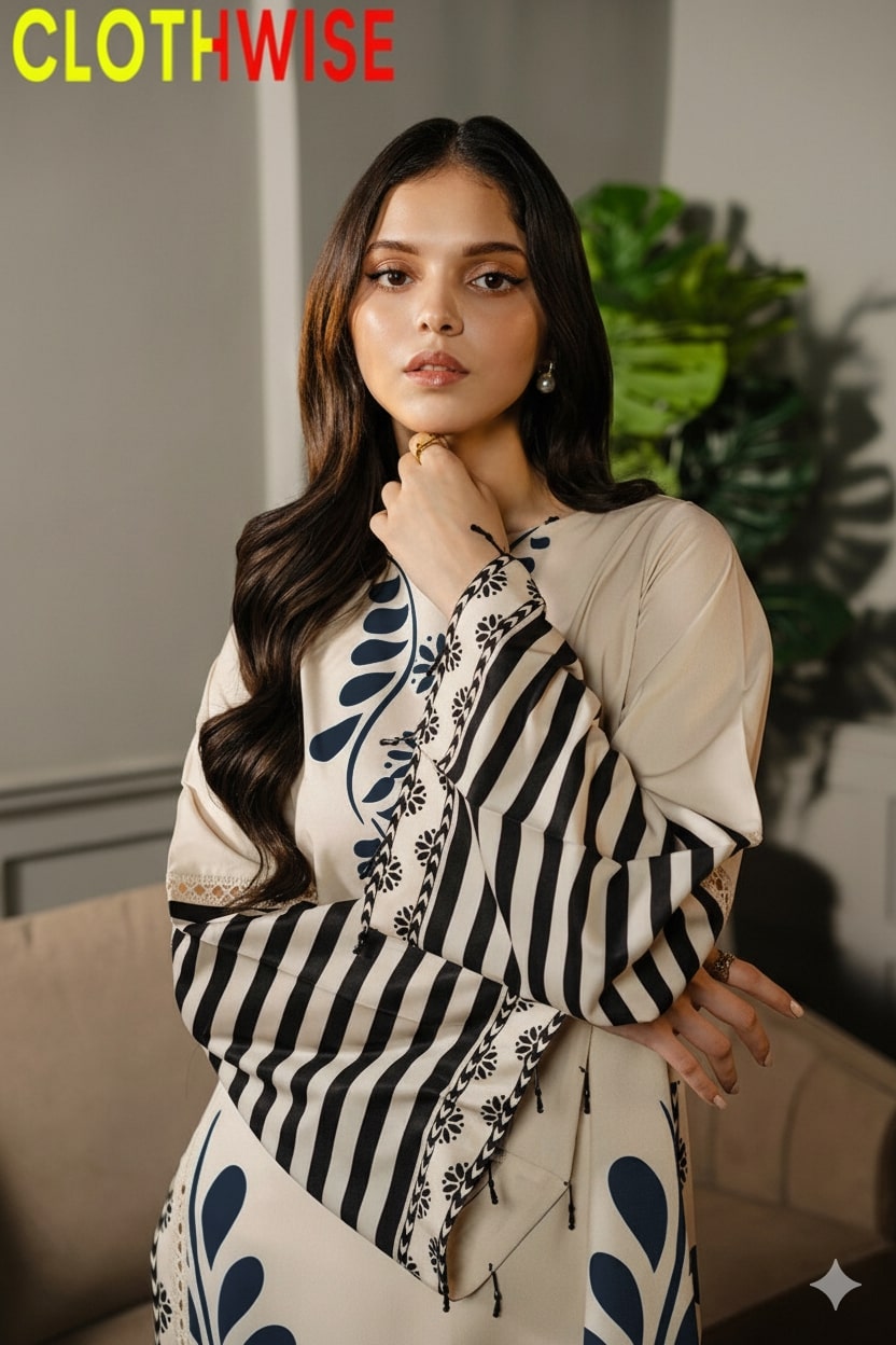 Woman wearing a black and white patterned outfit with 'CLOTHWISE' branding.
