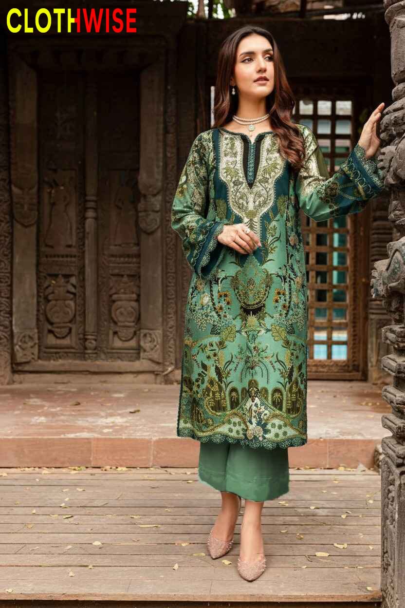 Woman wearing a green embroidered outfit with 'CLOTHWISE' branding in the corner.