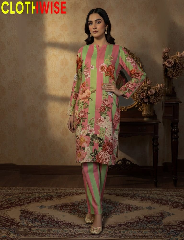 Woman wearing a floral and striped outfit with 'CLOTHWISE' branding.