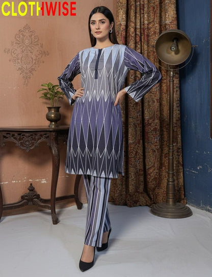 Woman wearing a patterned outfit with 'Clothwise' branding in the corner.