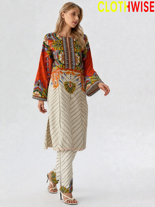 Woman wearing a colorful outfit with a patterned top and beige skirt on a white background, branded 'ClothWise'.