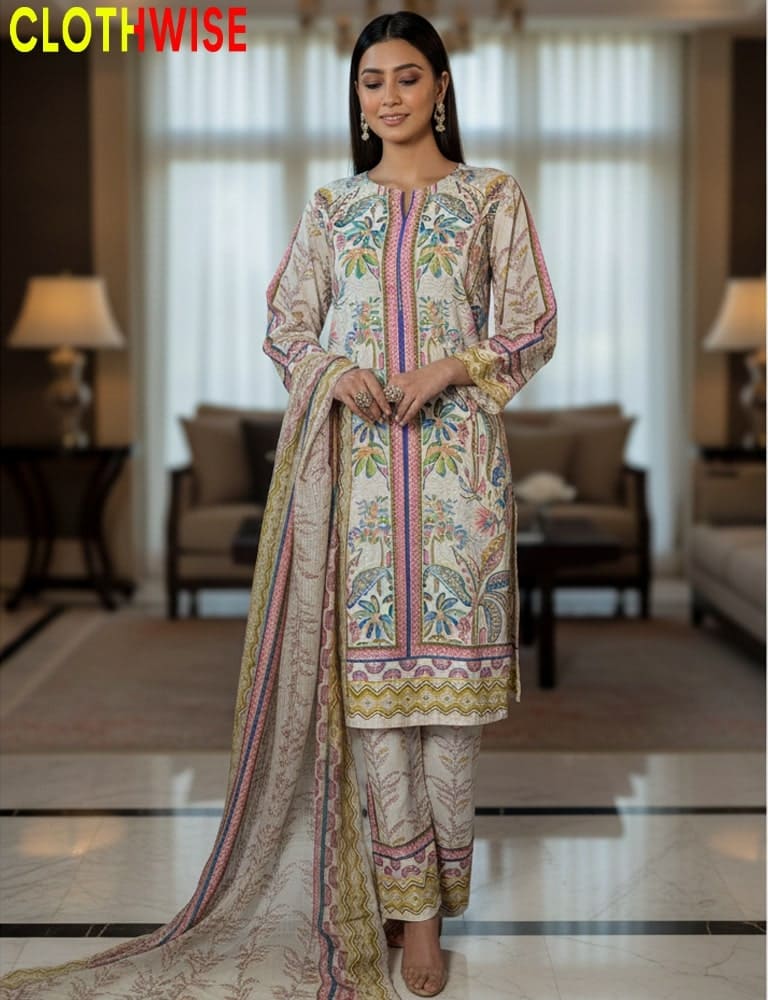 Woman wearing a traditional outfit with a 'CLOTHWISE' label in a room setting.