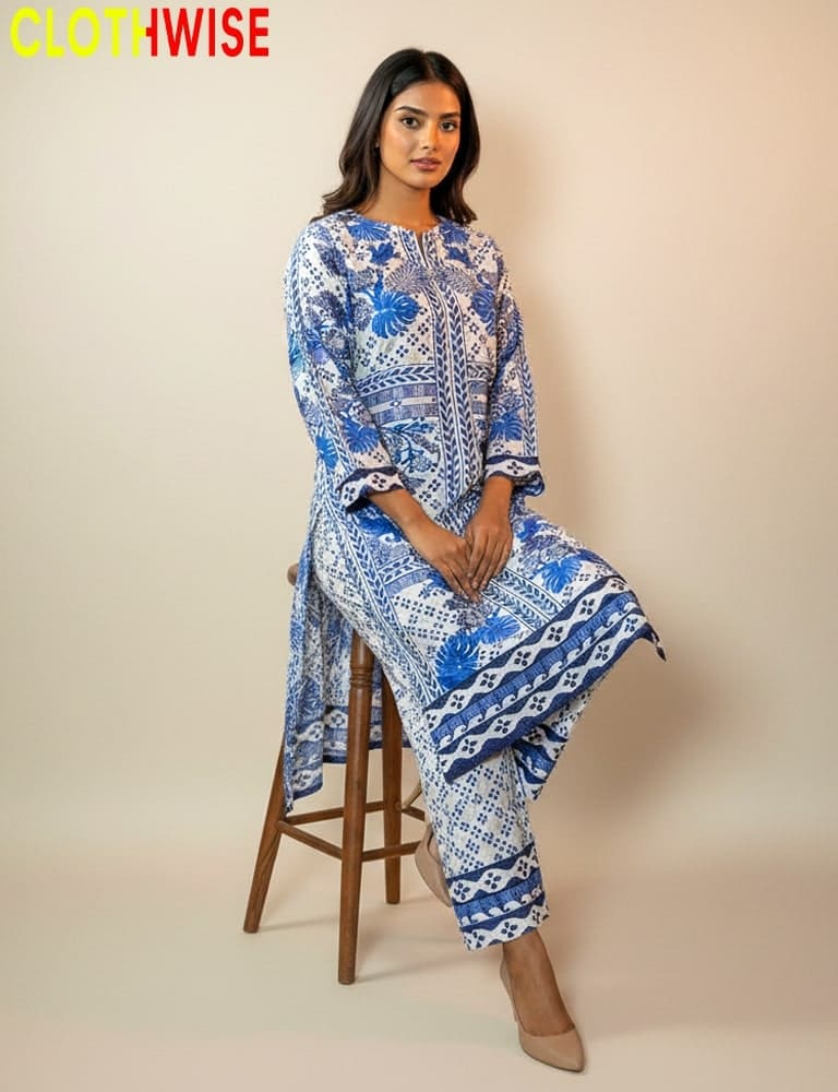 slub lawn printed co ord set 2 piece by Clothwise