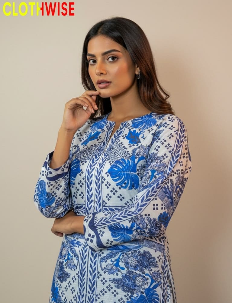 womens 2pc printed slub lawn outfit by Clothwise