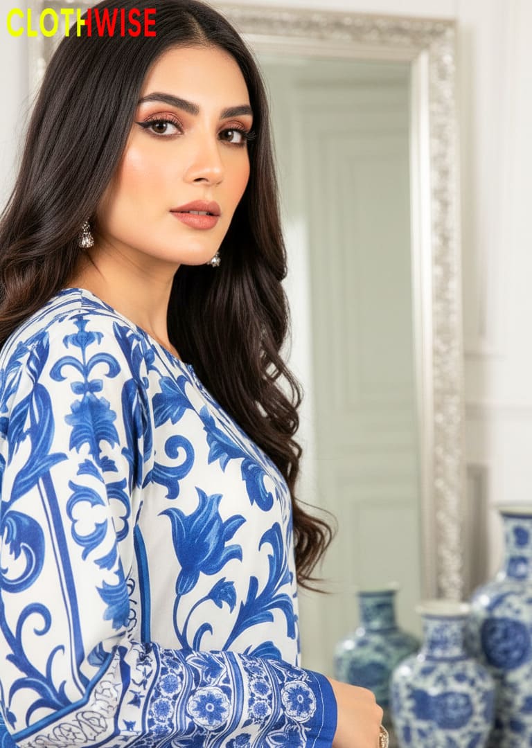 Woman wearing a blue and white patterned dress with 'ClothWise' branding.