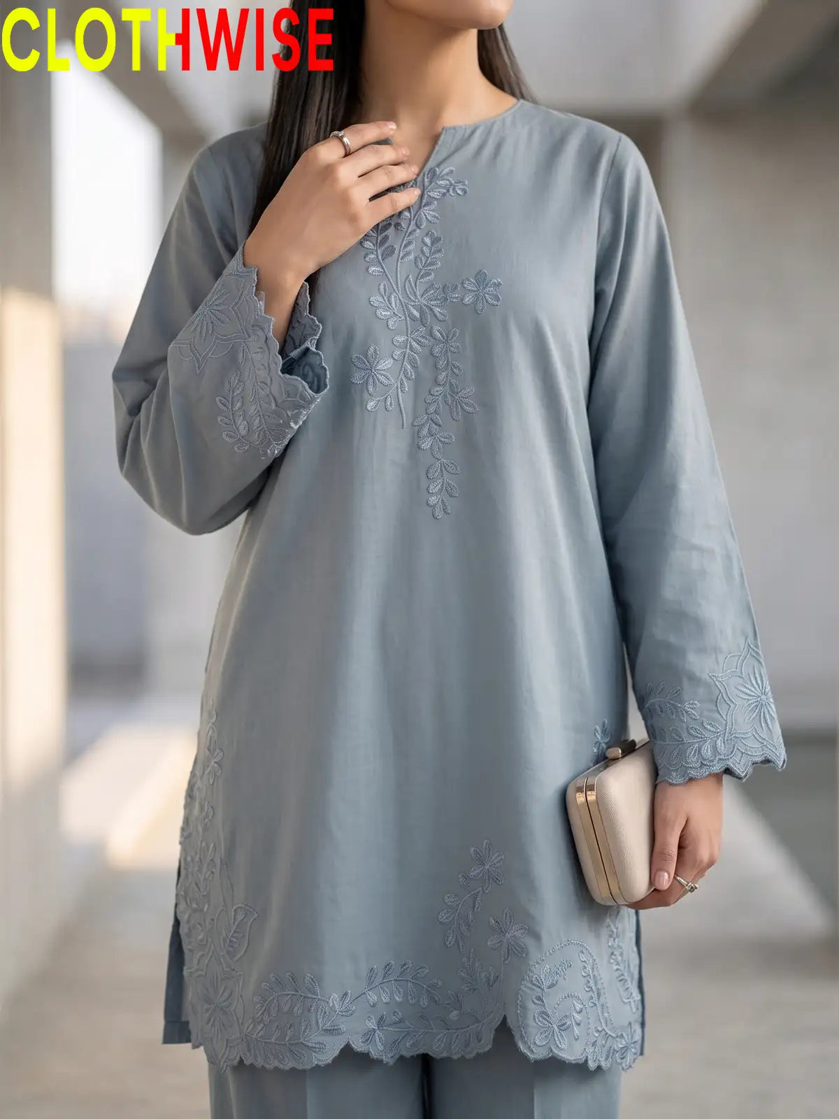 Gulkari Slate Blue 2-Piece Embroidered Suit - close-up embroidery and scallop cutwork detail