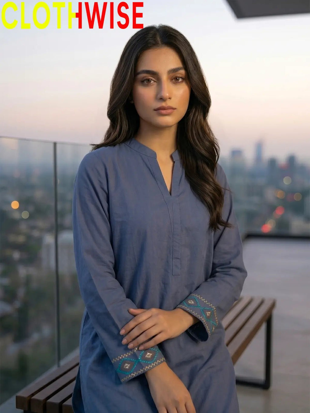 Shajar – Slate Blue 2-Piece Stitched Cotton Suit | Embroidered Top & Bottom with Flapper - Pakistani Women Pret | CLOTHWISE