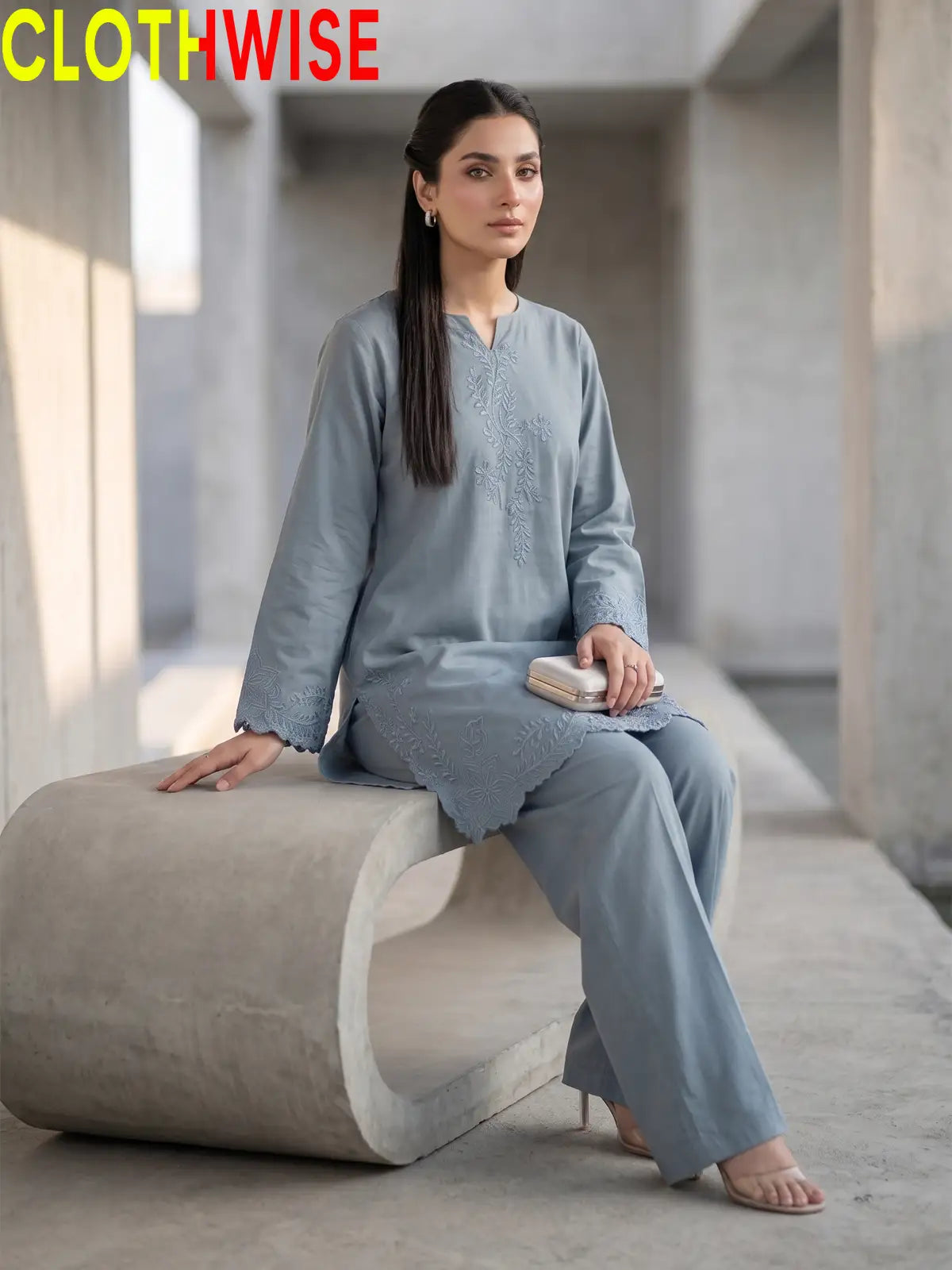 Gulkari Slate Blue 2-Piece Embroidered Suit - sitting view
