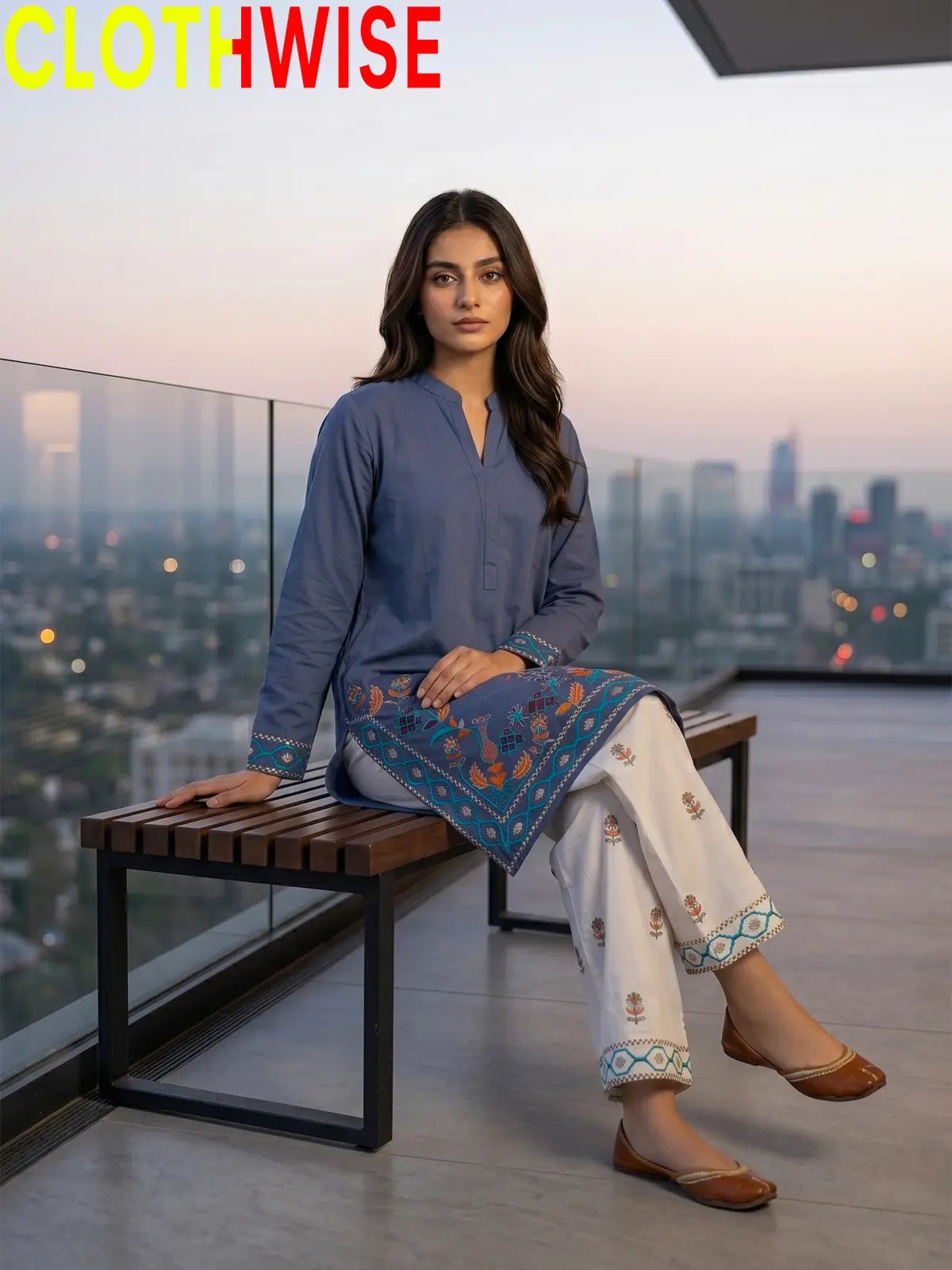 Shajar – Slate Blue 2-Piece Stitched Cotton Suit | Embroidered Top & Bottom with Flapper - Pakistani Women Pret | CLOTHWISE