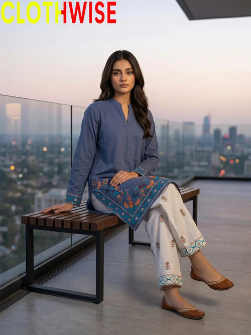 Shajar – Slate Blue 2-Piece Stitched Cotton Suit | Embroidered Top & Bottom with Flapper - Pakistani Women Pret | CLOTHWISE