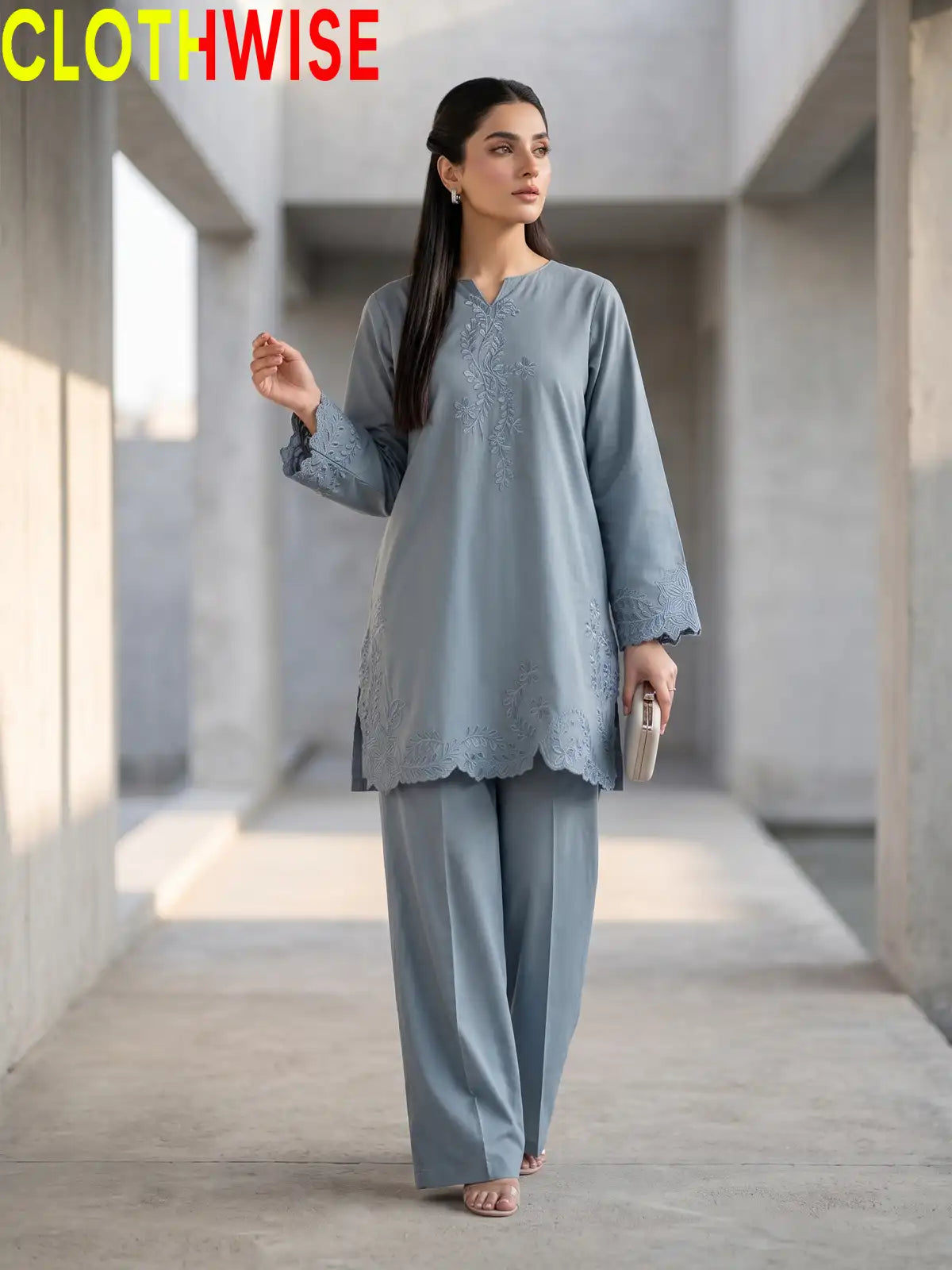 Gulkari Slate Blue 2-Piece Embroidered Suit - standing view