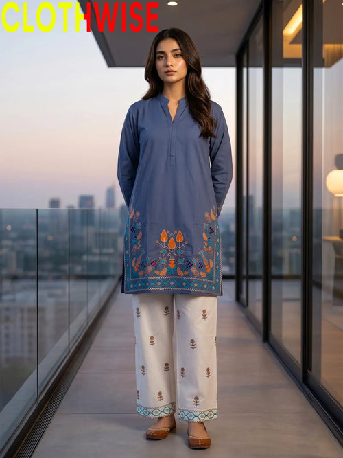 Shajar – Slate Blue 2-Piece Stitched Cotton Suit | Embroidered Top & Bottom with Flapper - Pakistani Women Pret | CLOTHWISE